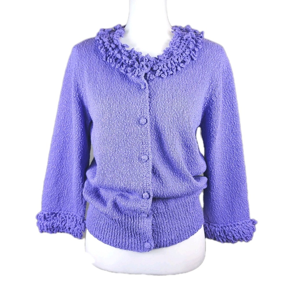 Coldwater Creek Cardigan Sweater Women Medium Purple Fringe Textured Casual Work
